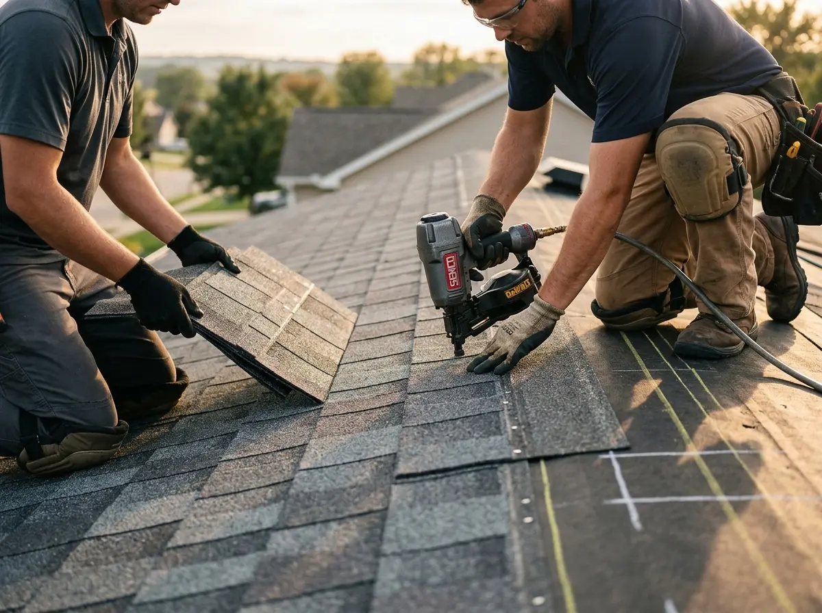 Professional roofer working on a residential roof in East Vincent